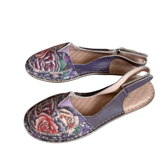 Anuschka Hand Painted Floral Leather Slingback Flats Shoes Size 37/6.5 38/7.5 - Picture 2 of 10